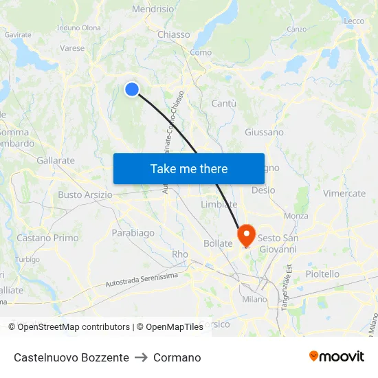 Castelnuovo Bozzente to Cormano map