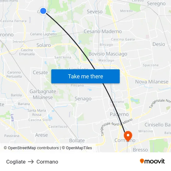 Cogliate to Cormano map
