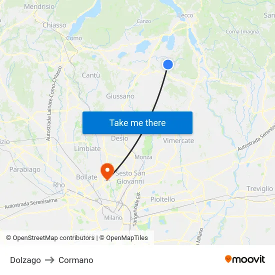 Dolzago to Cormano map