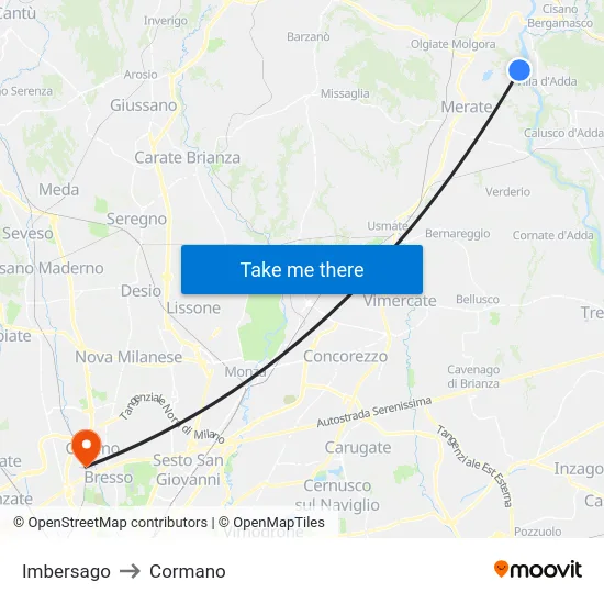 Imbersago to Cormano map