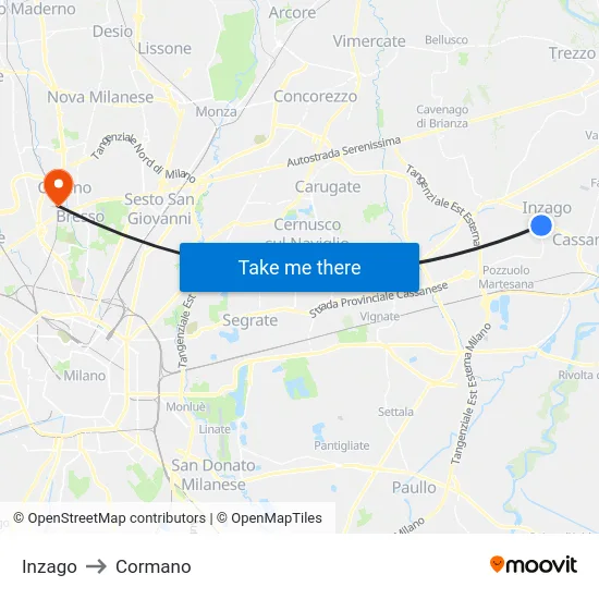 Inzago to Cormano map