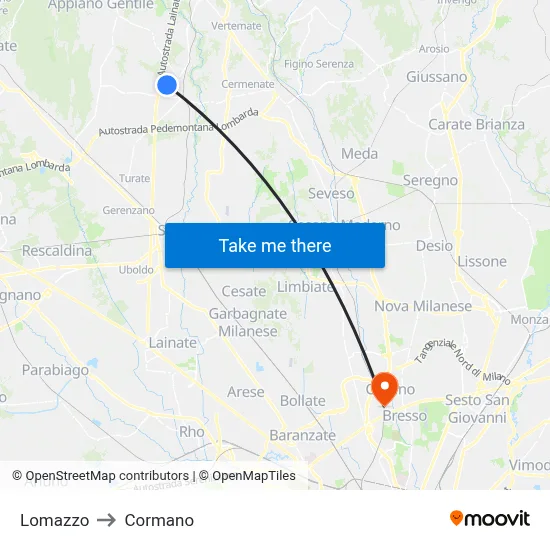 Lomazzo to Cormano map