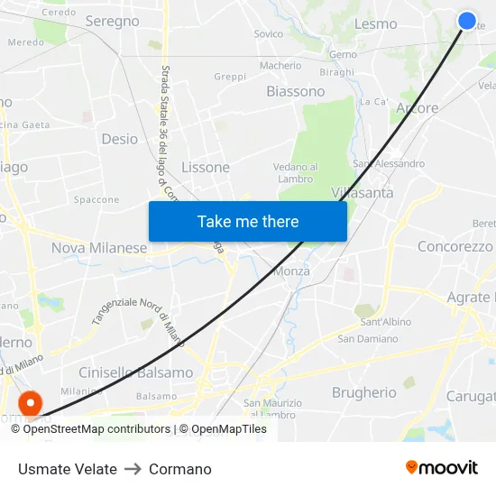 Usmate Velate to Cormano map