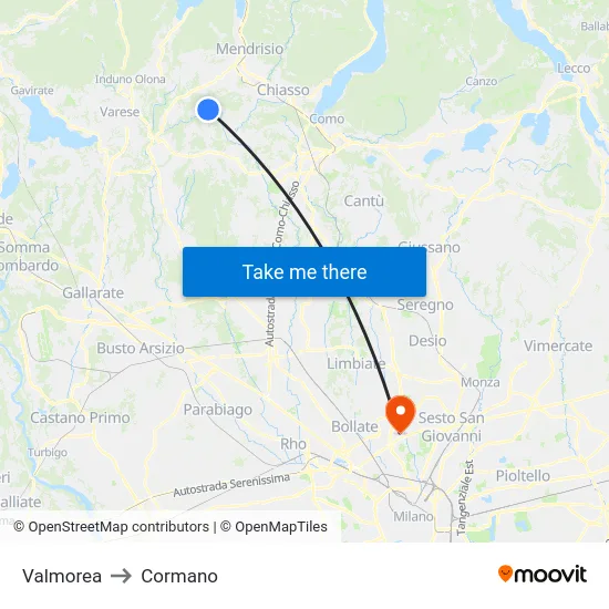 Valmorea to Cormano map