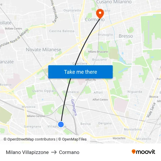 Milan Villapizzone to Cormano map