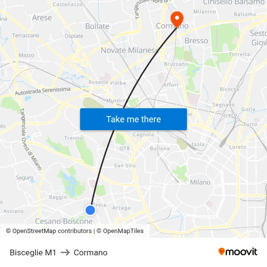 Bisceglie M1 to Cormano map
