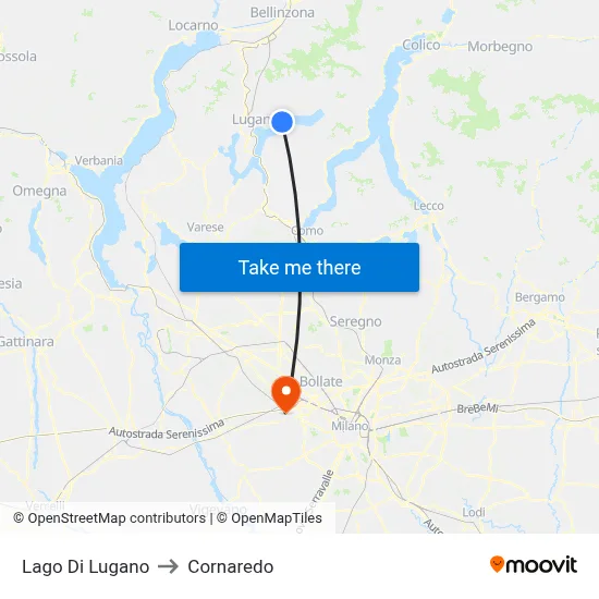 Lake of Lugano to Cornaredo map