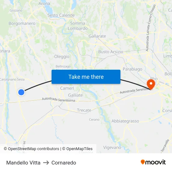 Mandello Vitta to Cornaredo map