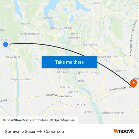 Serravalle Sesia to Cornaredo map