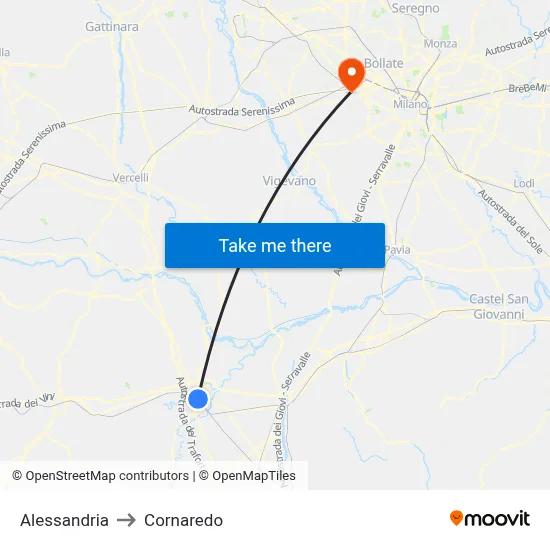 Alessandria to Cornaredo map