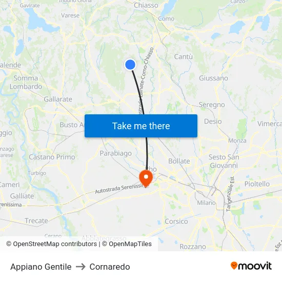 Appiano Gentile to Cornaredo map