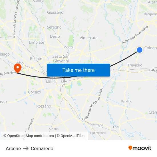 Arcene to Cornaredo map