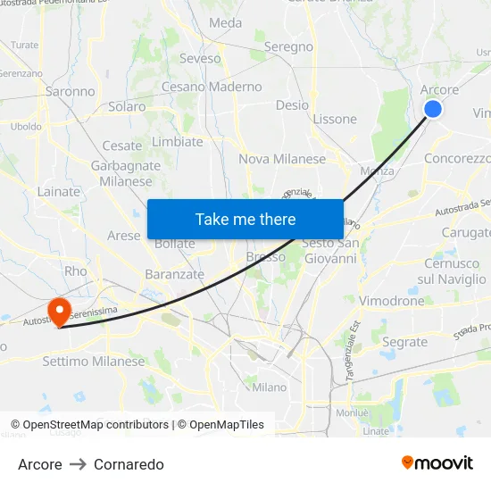 Arcore to Cornaredo map