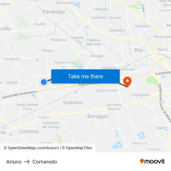 Arluno to Cornaredo map