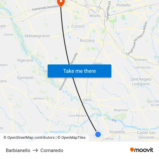 Barbianello to Cornaredo map