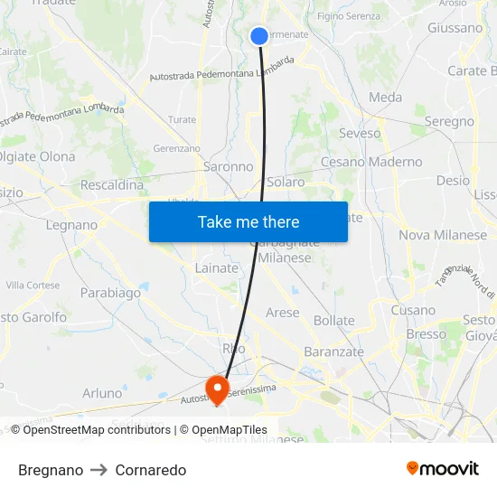 Bregnano to Cornaredo map