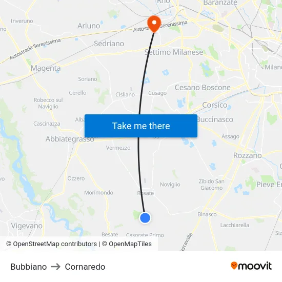 Bubbiano to Cornaredo map