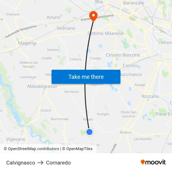 Calvignasco to Cornaredo map