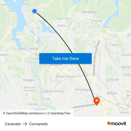 Caravate to Cornaredo map