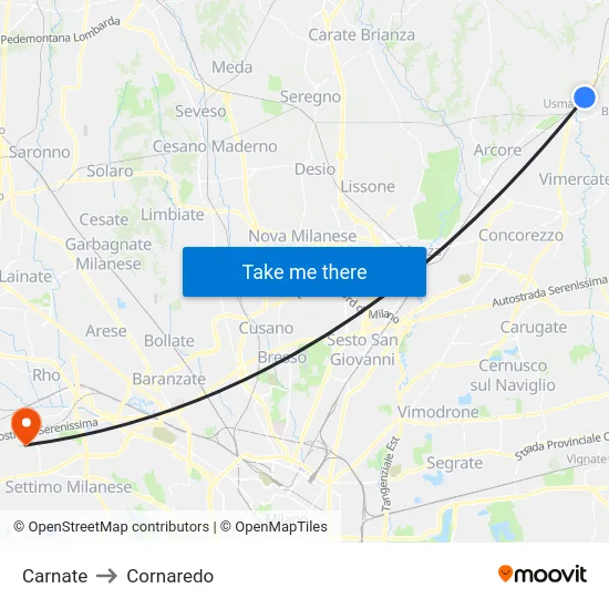 Carnate to Cornaredo map