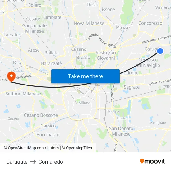 Carugate to Cornaredo map