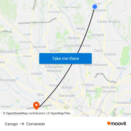 Carugo to Cornaredo map