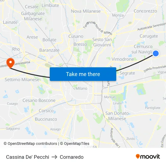 Cassina De' Pecchi to Cornaredo map