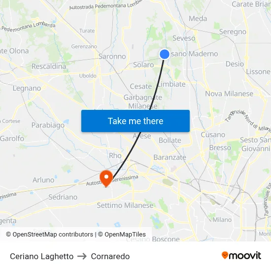 Ceriano Laghetto to Cornaredo map