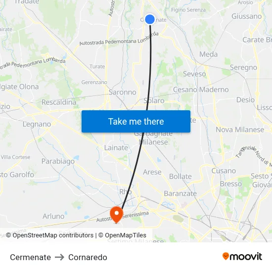 Cermenate to Cornaredo map