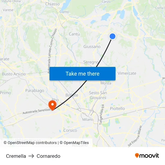 Cremella to Cornaredo map