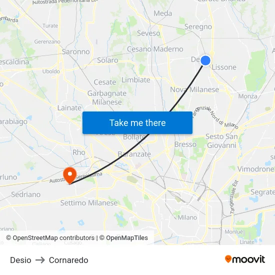 Desio to Cornaredo map