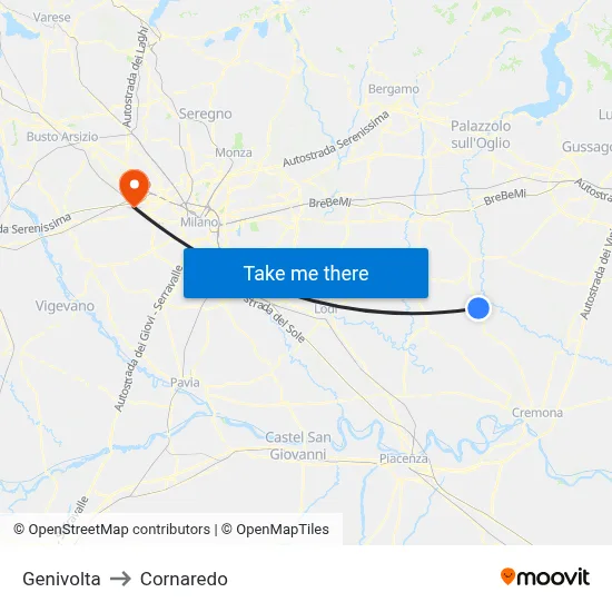 Genivolta to Cornaredo map