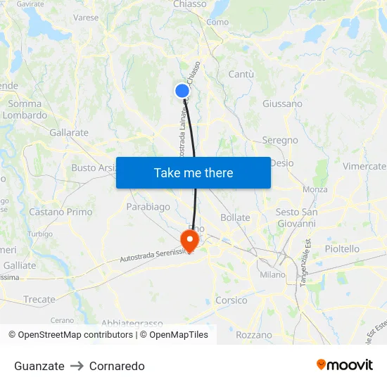 Guanzate to Cornaredo map