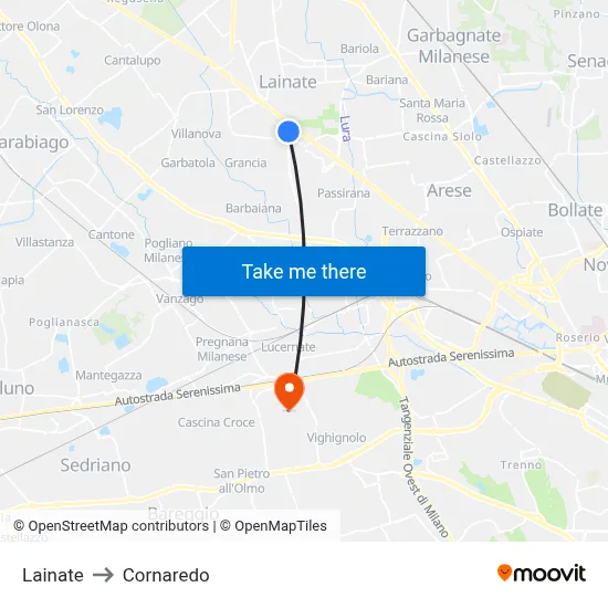 Lainate to Cornaredo map
