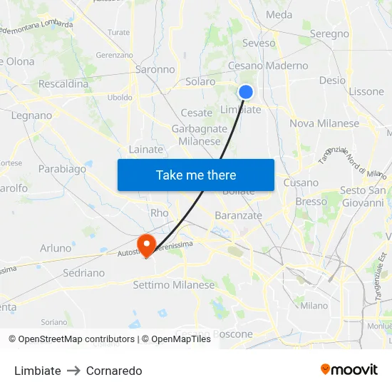 Limbiate to Cornaredo map