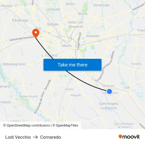 Lodi Vecchio to Cornaredo map