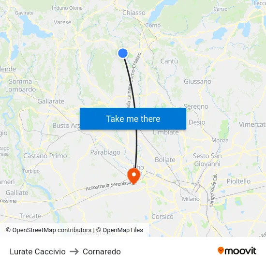 Lurate Caccivio to Cornaredo map