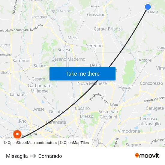 Missaglia to Cornaredo map