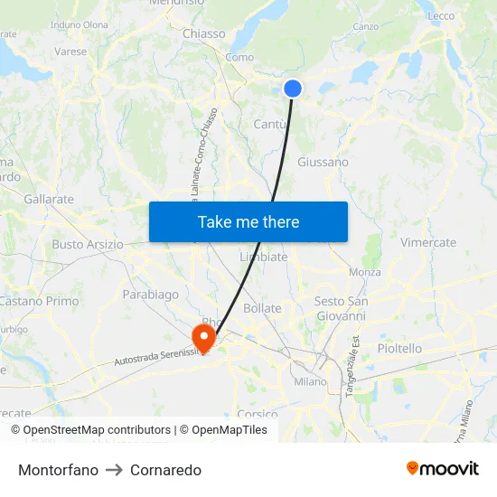 Montorfano to Cornaredo map