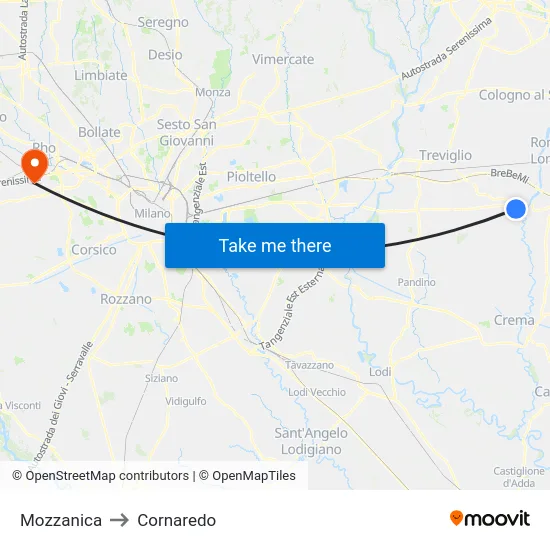 Mozzanica to Cornaredo map