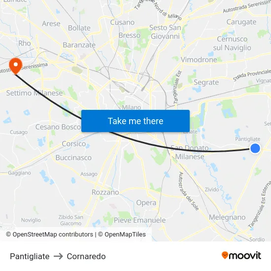 Pantigliate to Cornaredo map