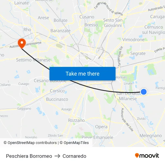 Peschiera Borromeo to Cornaredo map