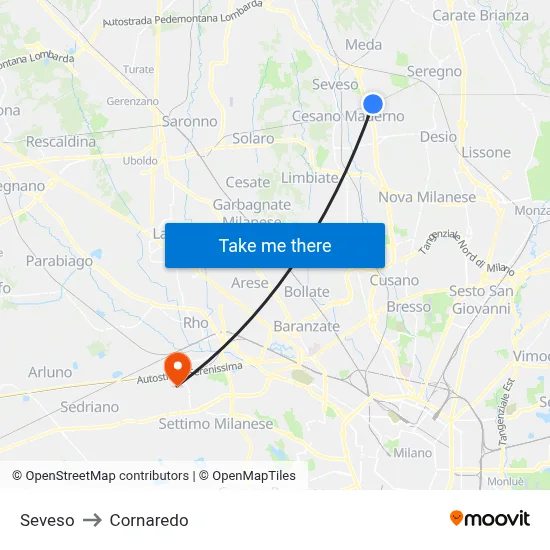 Seveso to Cornaredo map