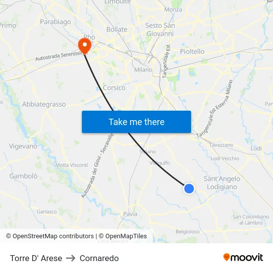 Torre D' Arese to Cornaredo map