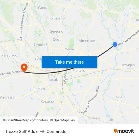 Trezzo Sull' Adda to Cornaredo map