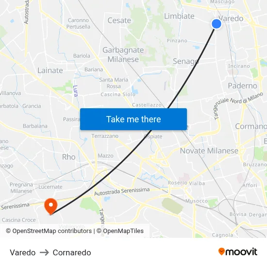 Varedo to Cornaredo map