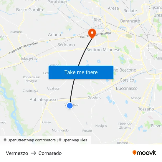 Vermezzo to Cornaredo map