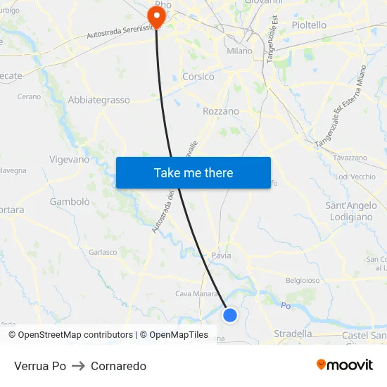 Verrua Po to Cornaredo map