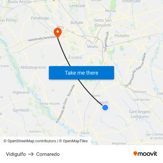 Vidigulfo to Cornaredo map