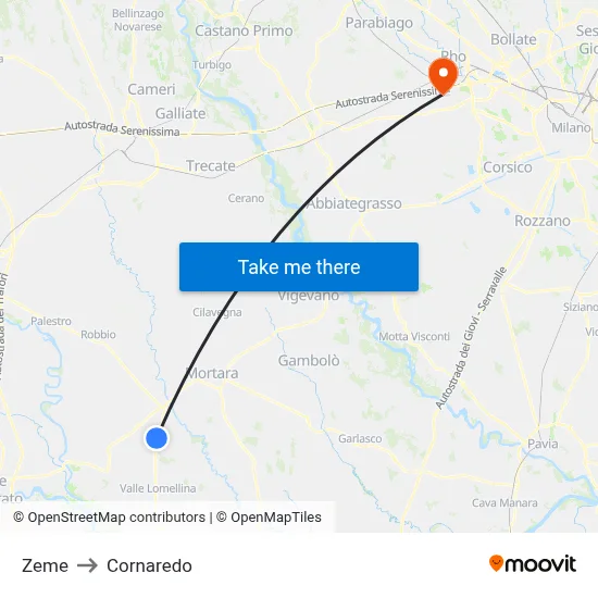 Zeme to Cornaredo map